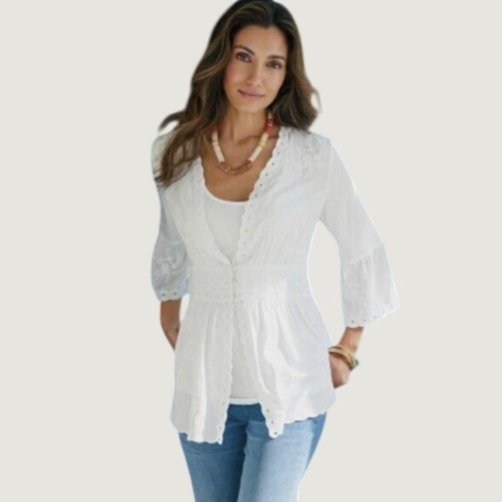 Soft Surroundings Blouse Womens L White Embroidered Eyelet Boho Romantic Peplum